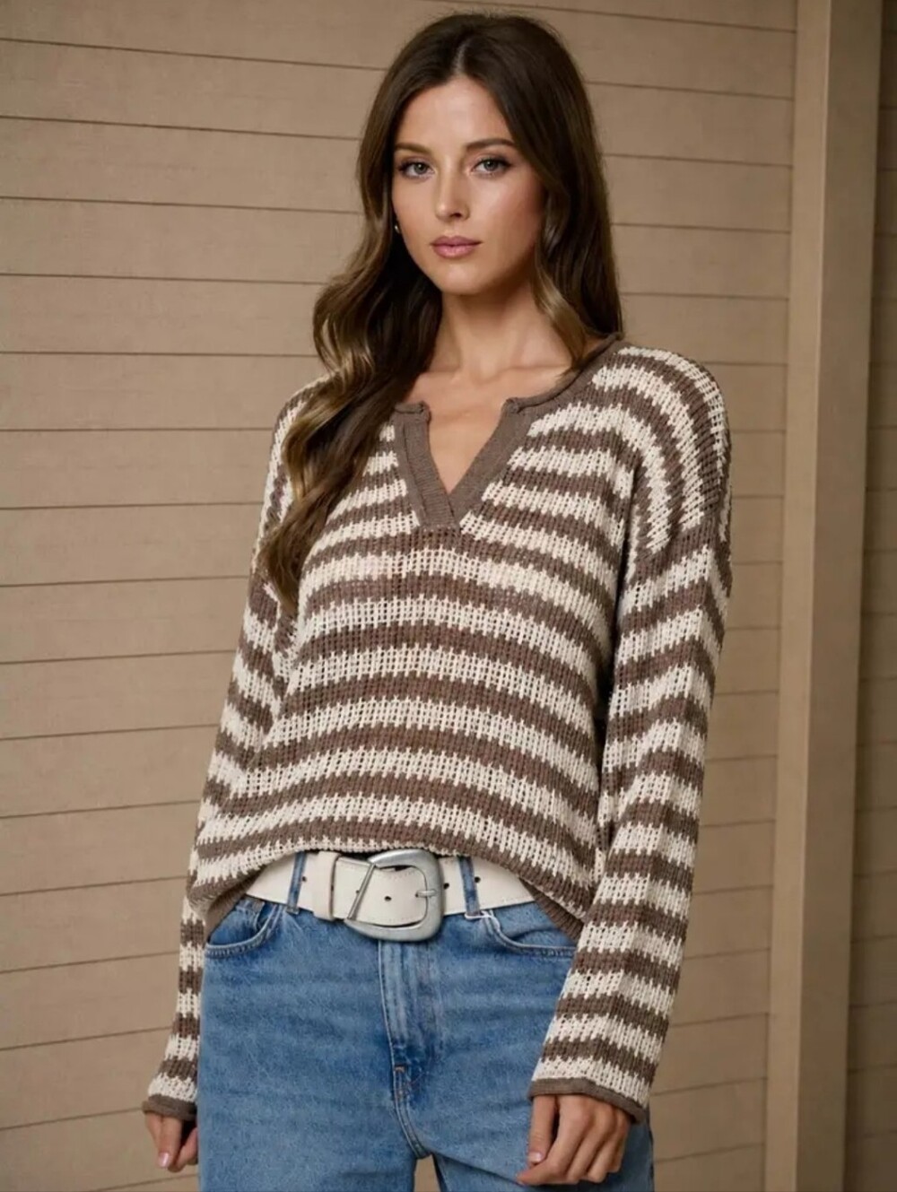 Blu Pepper Striped V-Neck Sweater in Cream & Brown